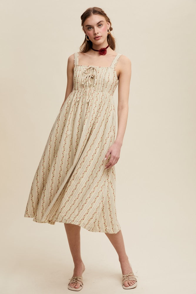 Light Olive Floral Embroidered Striped Midi Dress