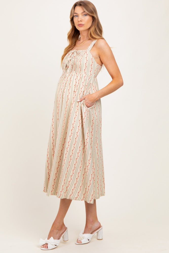 Light Olive Floral Embroidered Striped Maternity Midi Dress