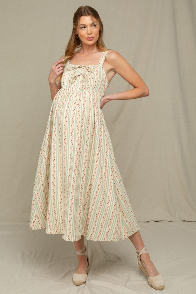 Light Olive Floral Embroidered Striped Maternity Midi Dress