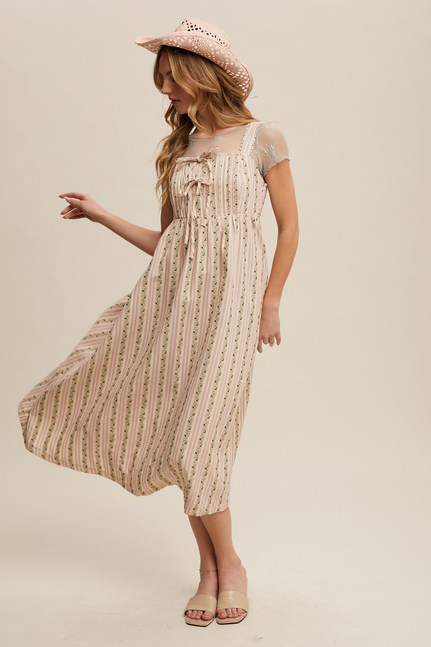 Pink Floral Embroidered Striped Maternity Midi Dress