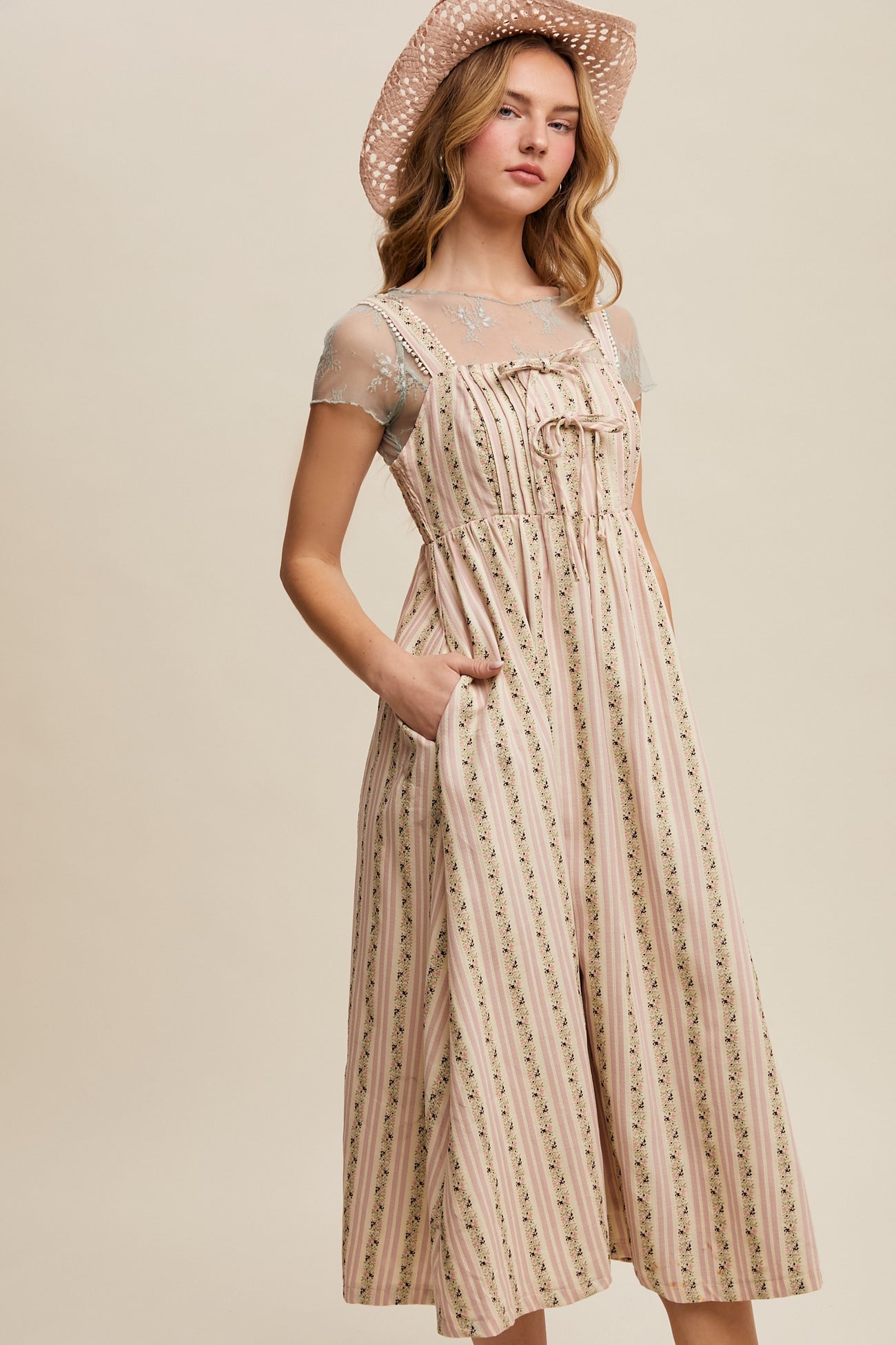 Pink Floral Embroidered Striped Midi Dress