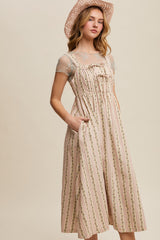 Pink Floral Embroidered Striped Midi Dress