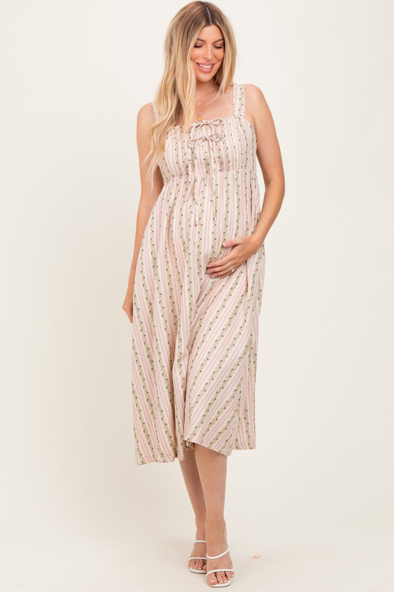 Pink Floral Embroidered Striped Maternity Midi Dress