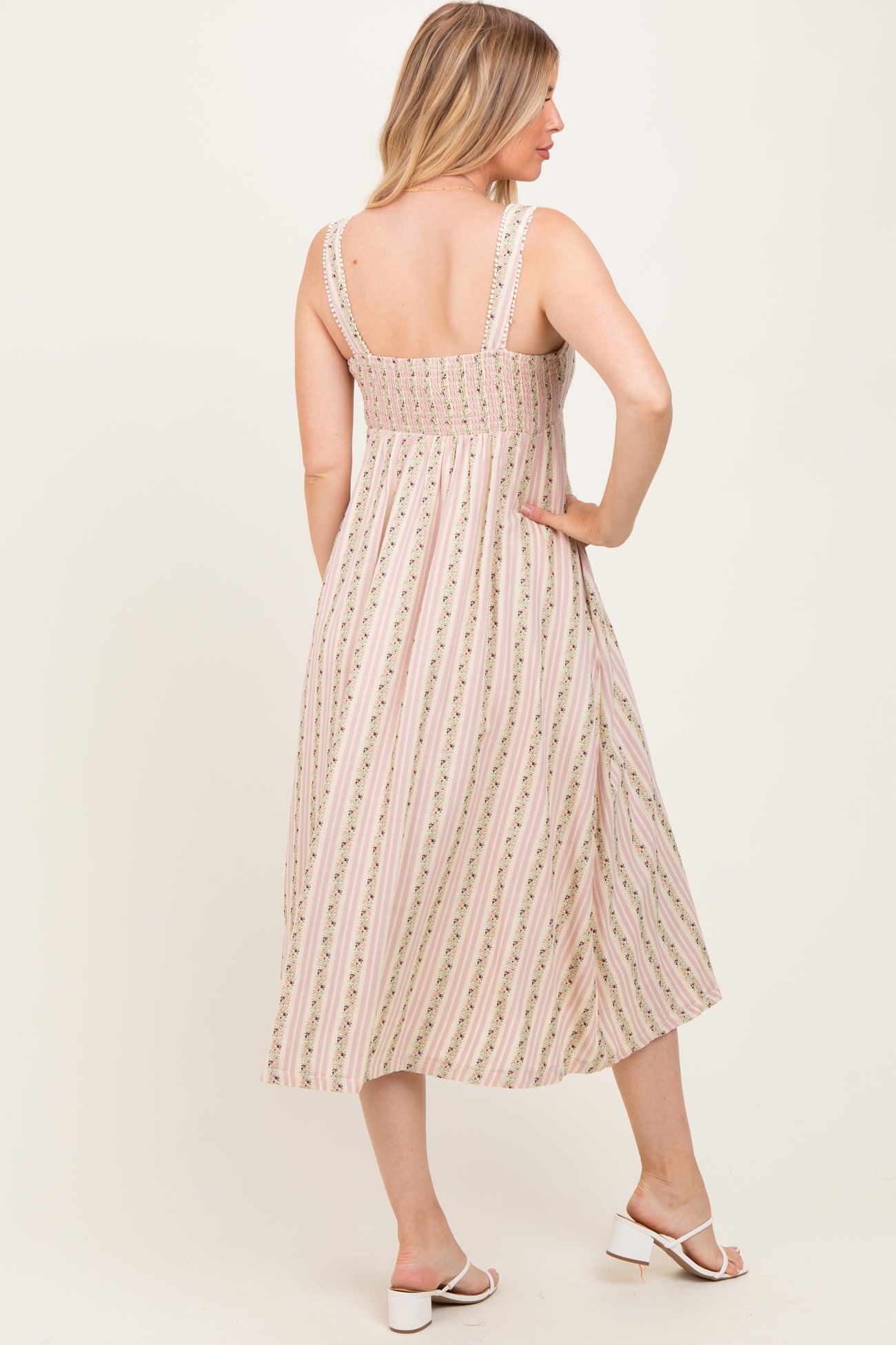Pink Floral Embroidered Striped Maternity Midi Dress