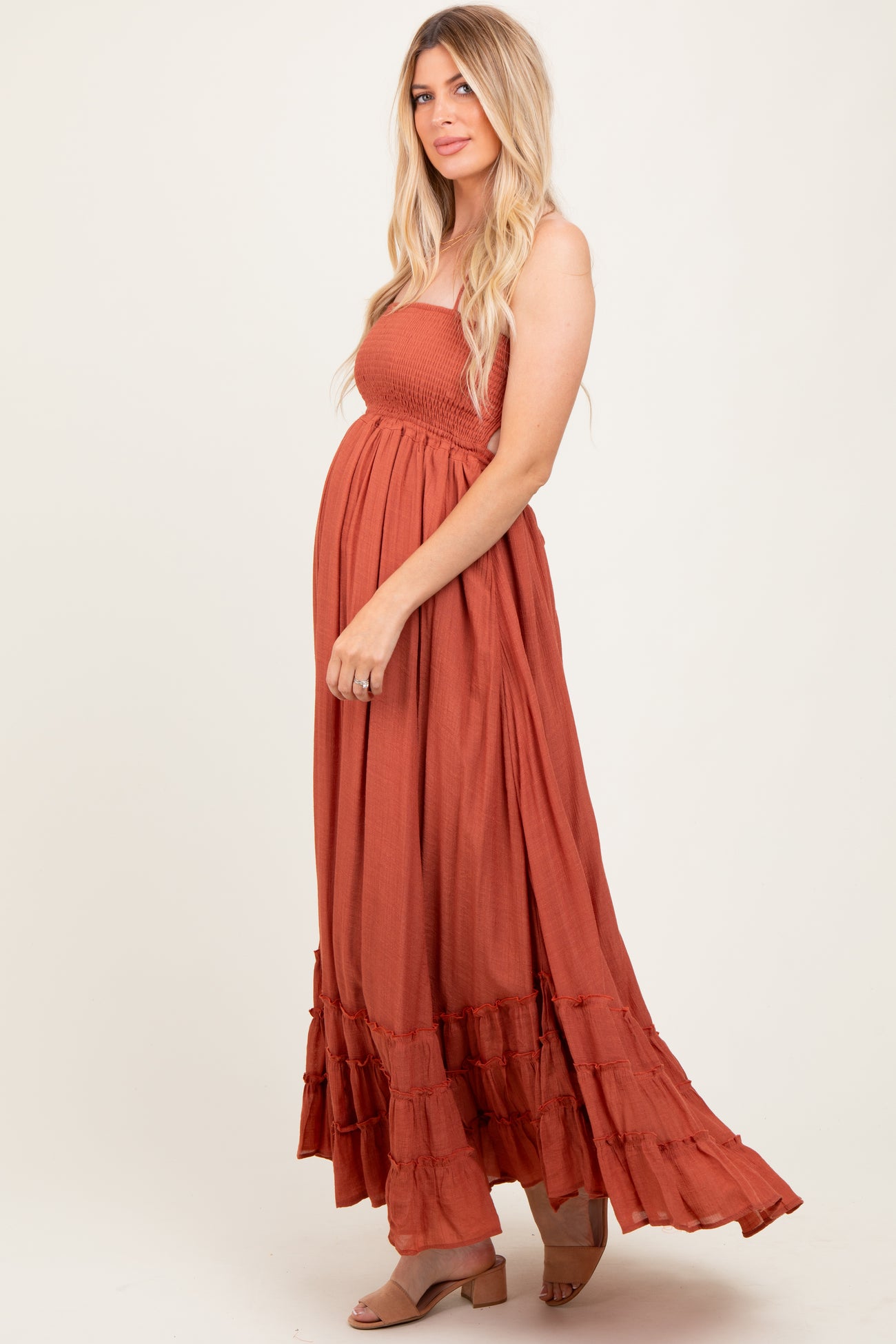 Rust Halter Neck Smocked Tiered Hem Maternity Maxi Dress