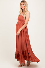 Rust Halter Neck Smocked Tiered Hem Maternity Maxi Dress