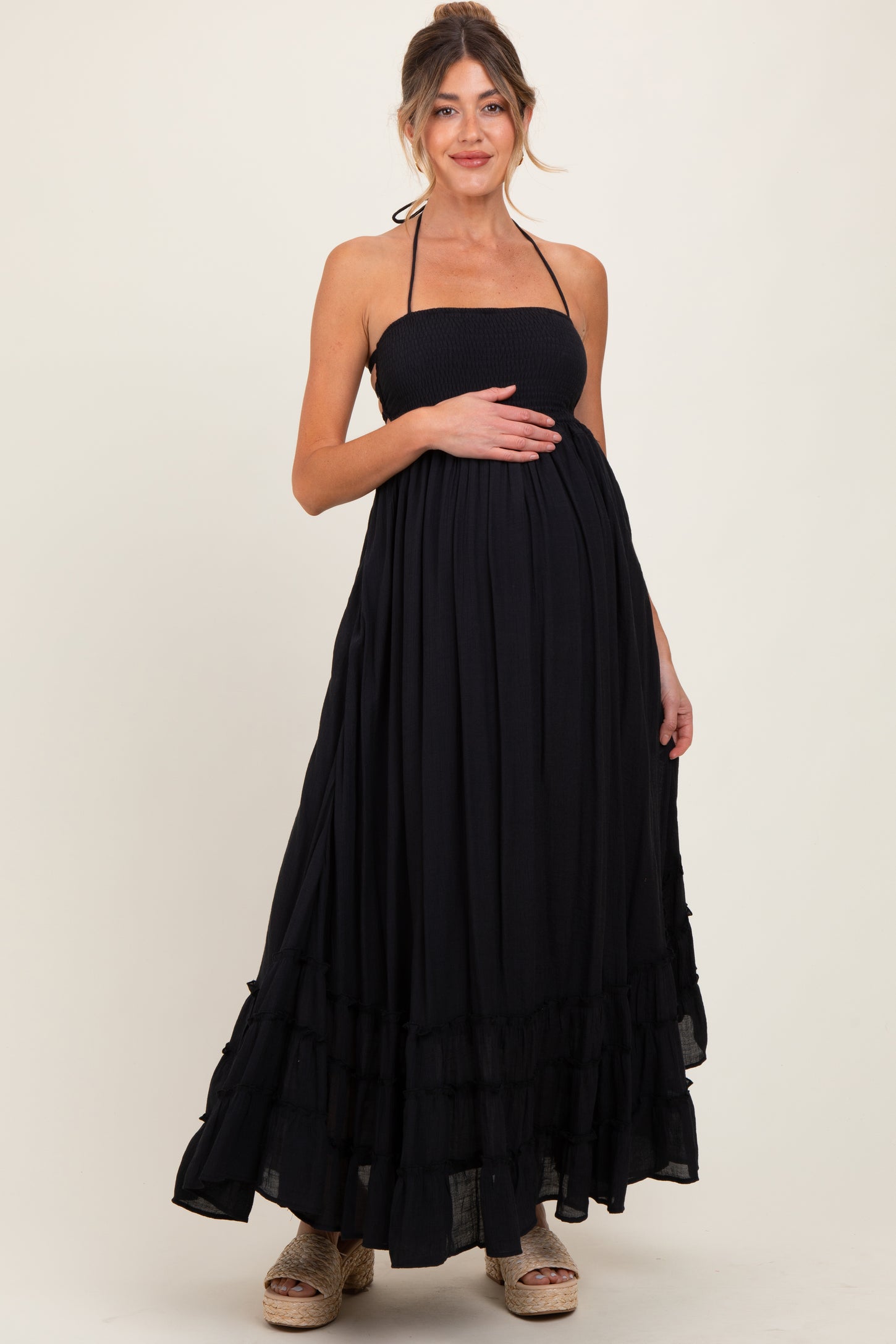 Black Halter Neck Smocked Tiered Hem Maternity Maxi Dress
