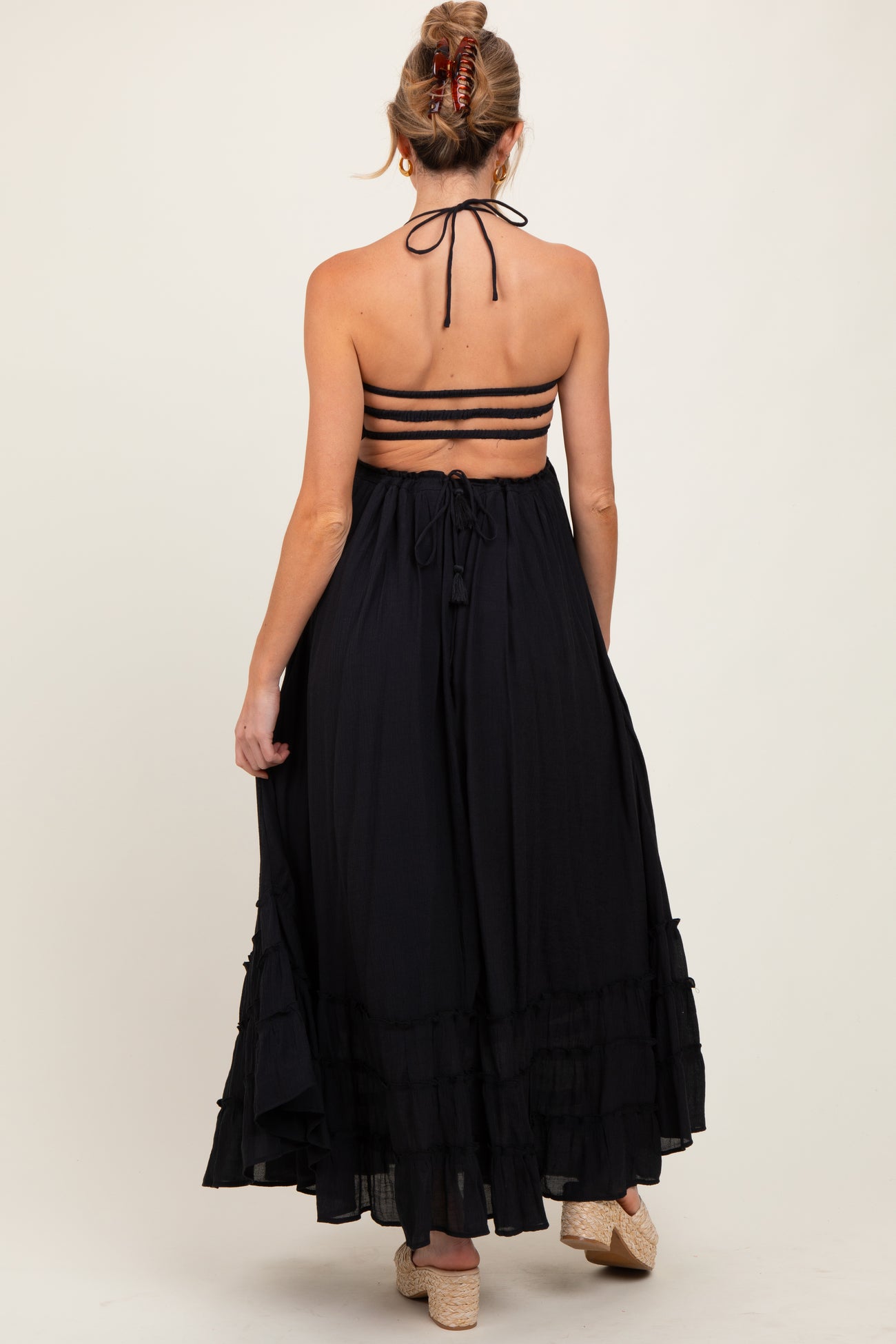 Black Halter Neck Smocked Tiered Hem Maternity Maxi Dress