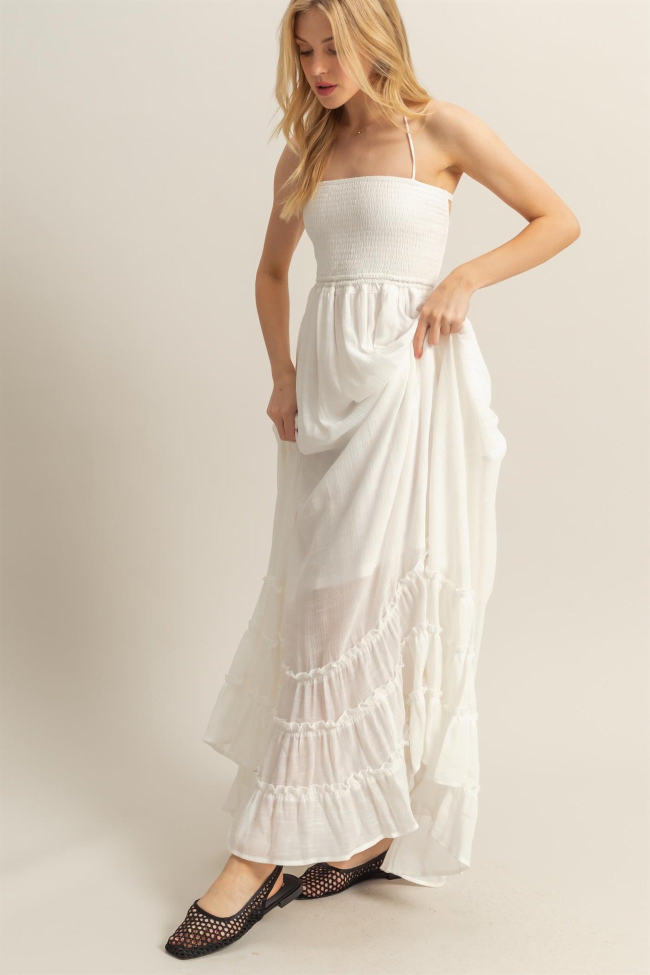White Halter Neck Smocked Tiered Hem Maxi Dress