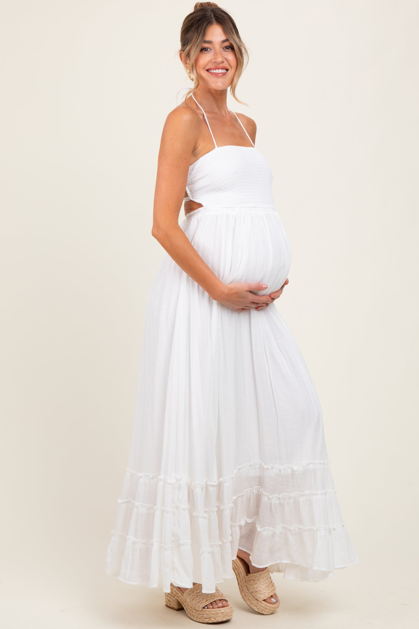 White Halter Neck Smocked Tiered Hem Maternity Maxi Dress
