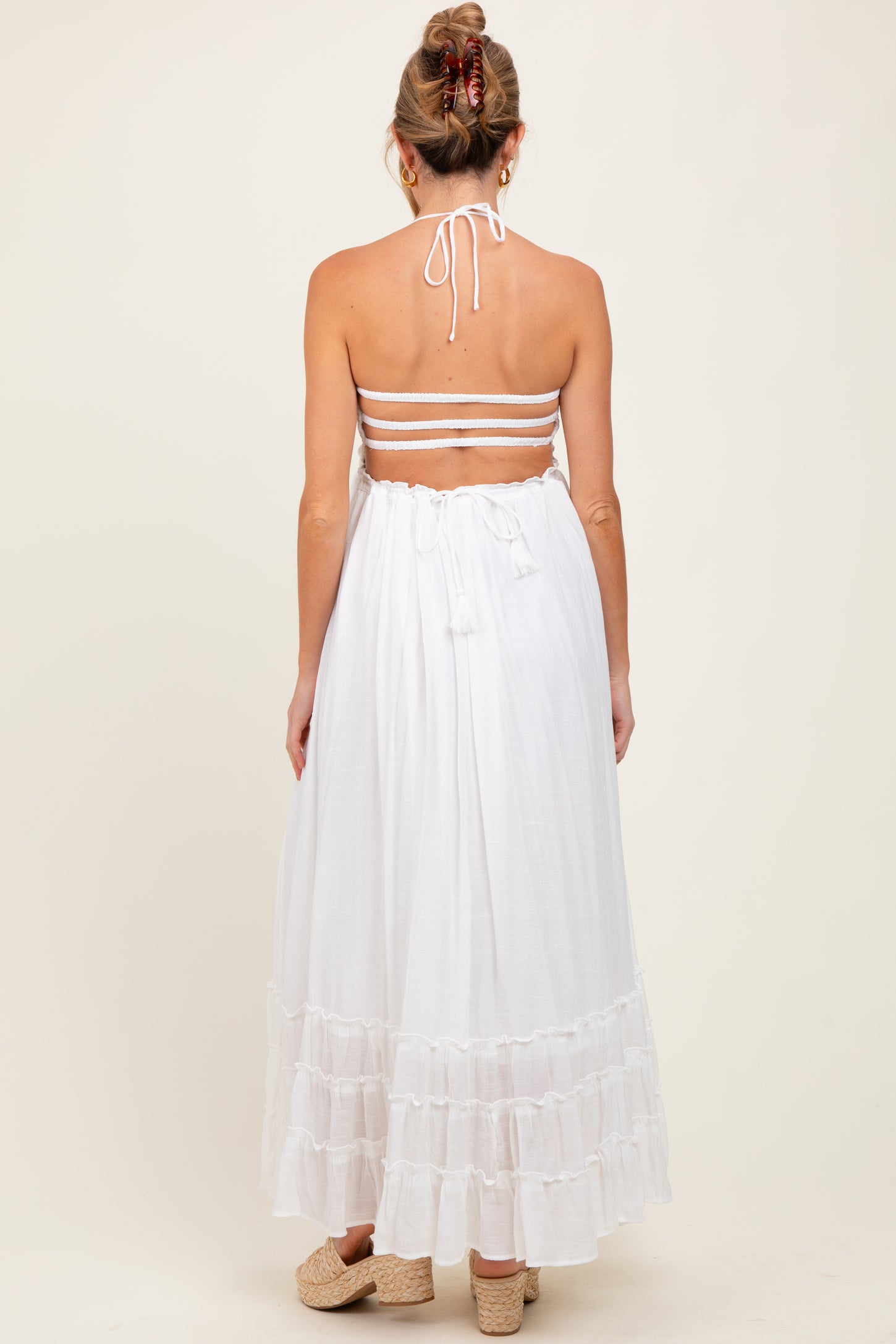 White Halter Neck Smocked Tiered Hem Maternity Maxi Dress