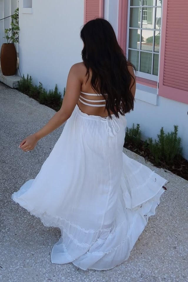 White Halter Neck Smocked Tiered Hem Maternity Maxi Dress