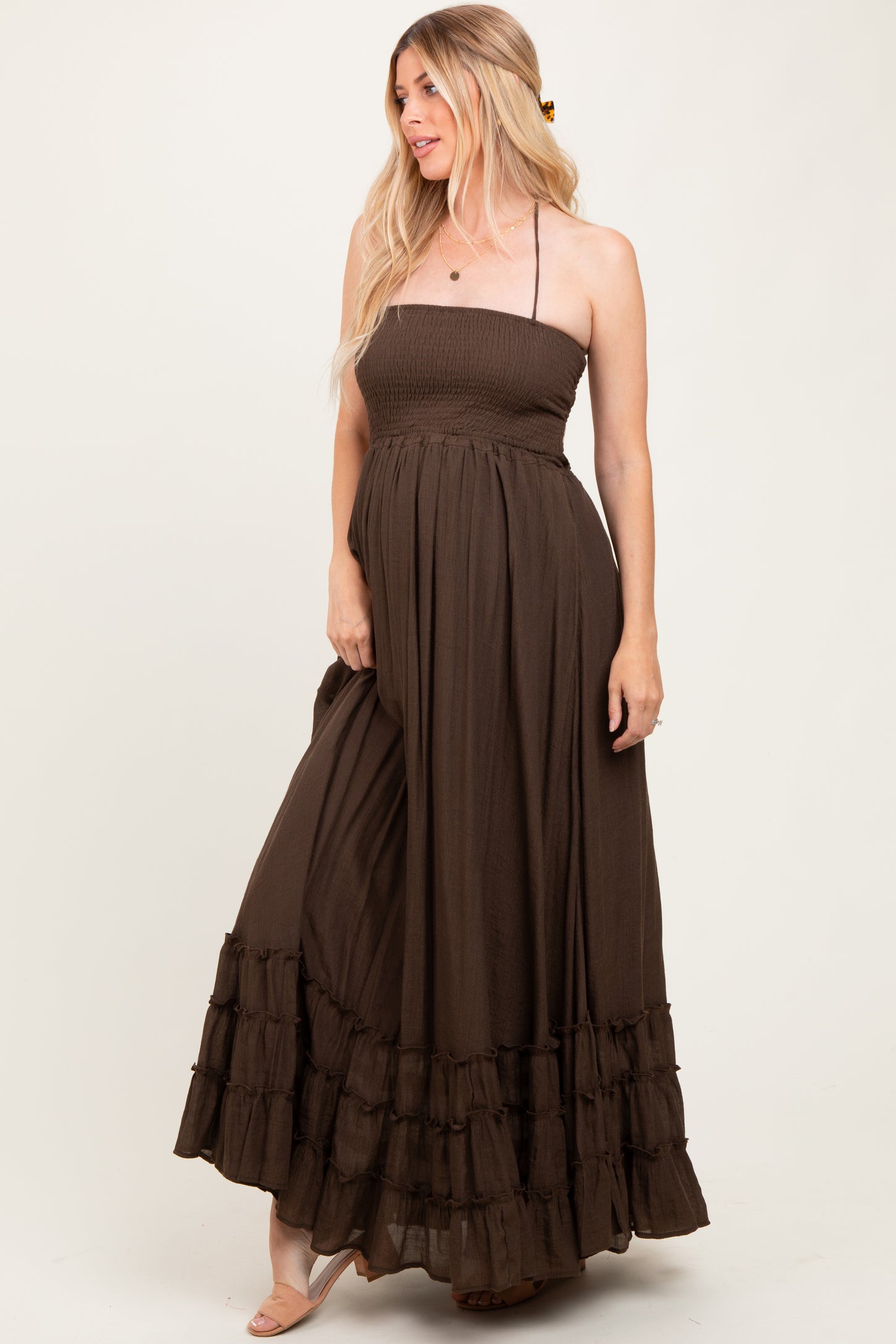 Brown Halter Neck Smocked Tiered Hem Maternity Maxi Dress