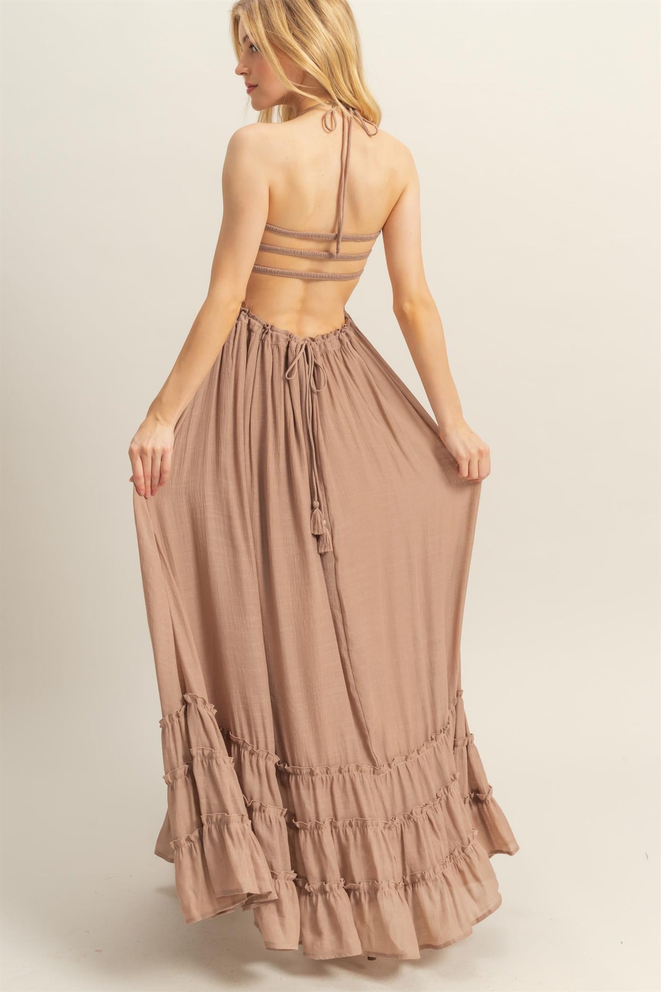 Taupe Halter Neck Smocked Tiered Hem Maxi Dress