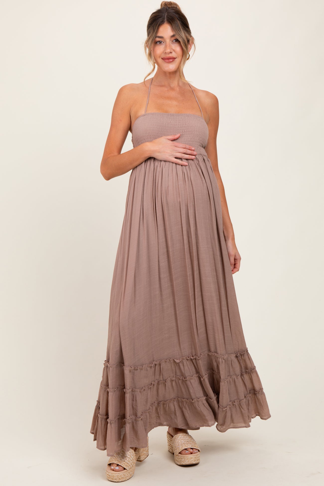 Taupe Halter Neck Smocked Tiered Hem Maternity Maxi Dress