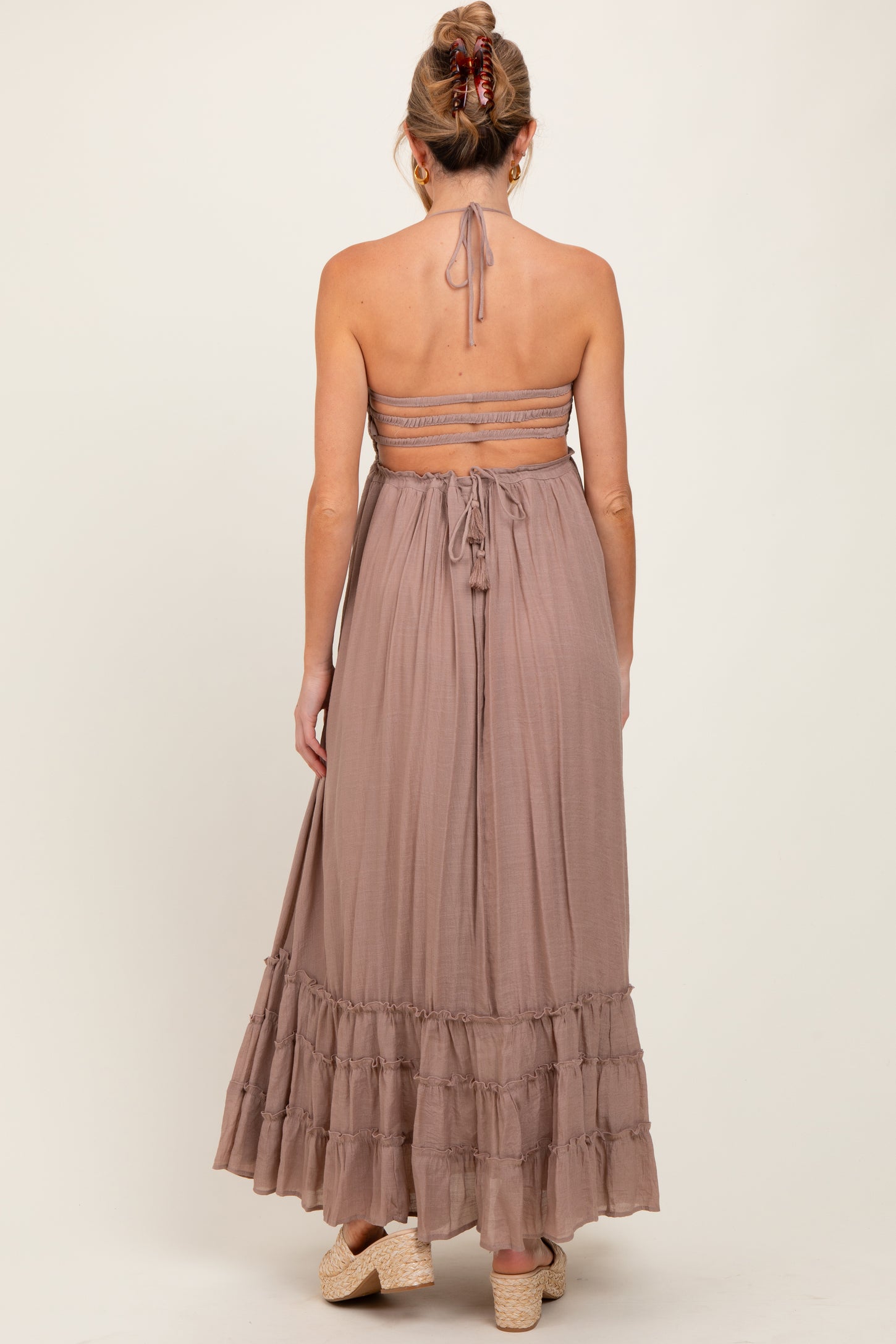 Taupe Halter Neck Smocked Tiered Hem Maternity Maxi Dress