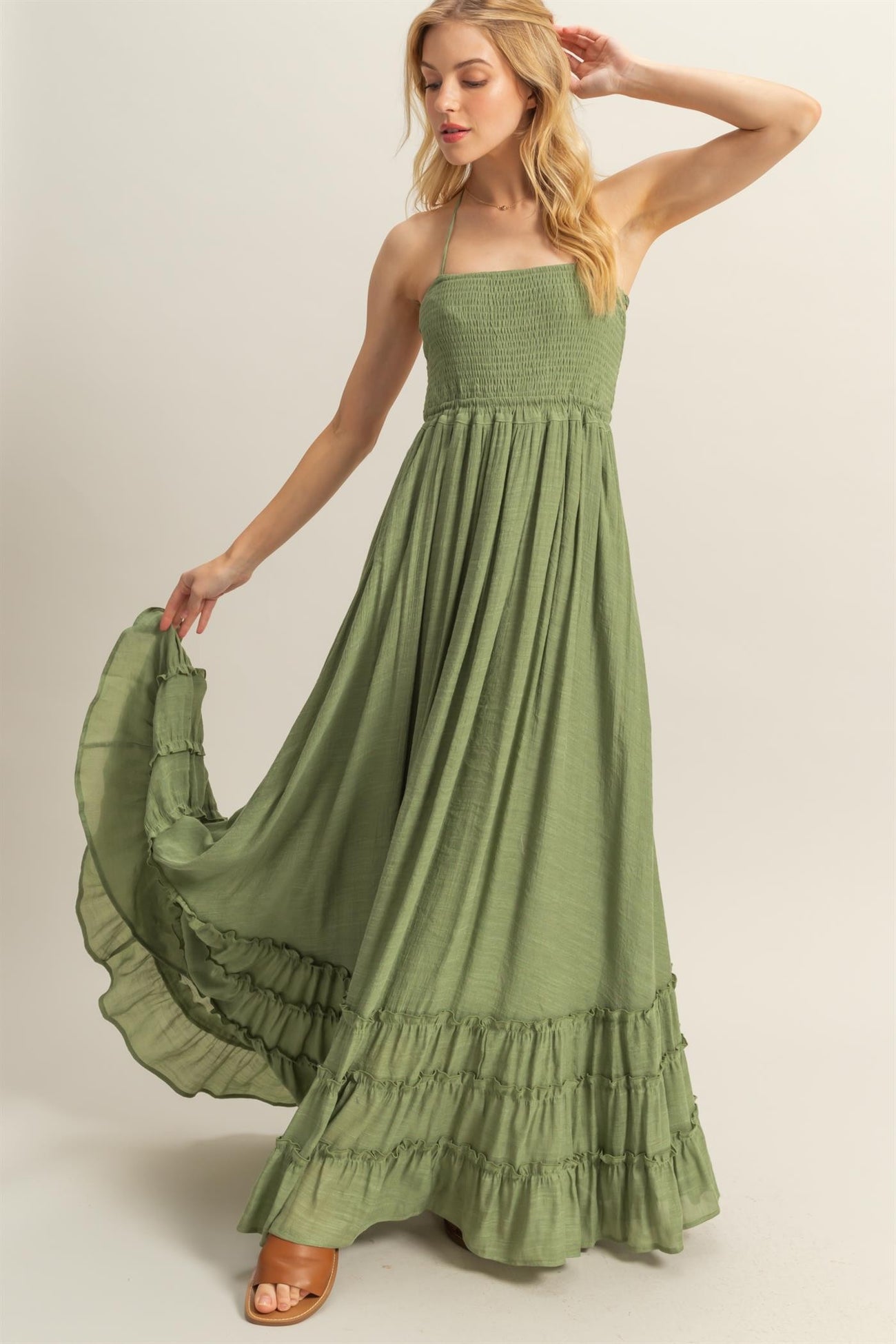 Light Olive Halter Neck Smocked Tiered Hem Maternity Maxi Dress