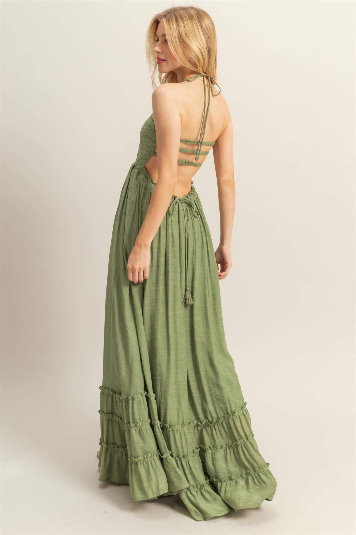 Light Olive Halter Neck Smocked Tiered Hem Maxi Dress