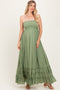 Light Olive Halter Neck Smocked Tiered Hem Maternity Maxi Dress