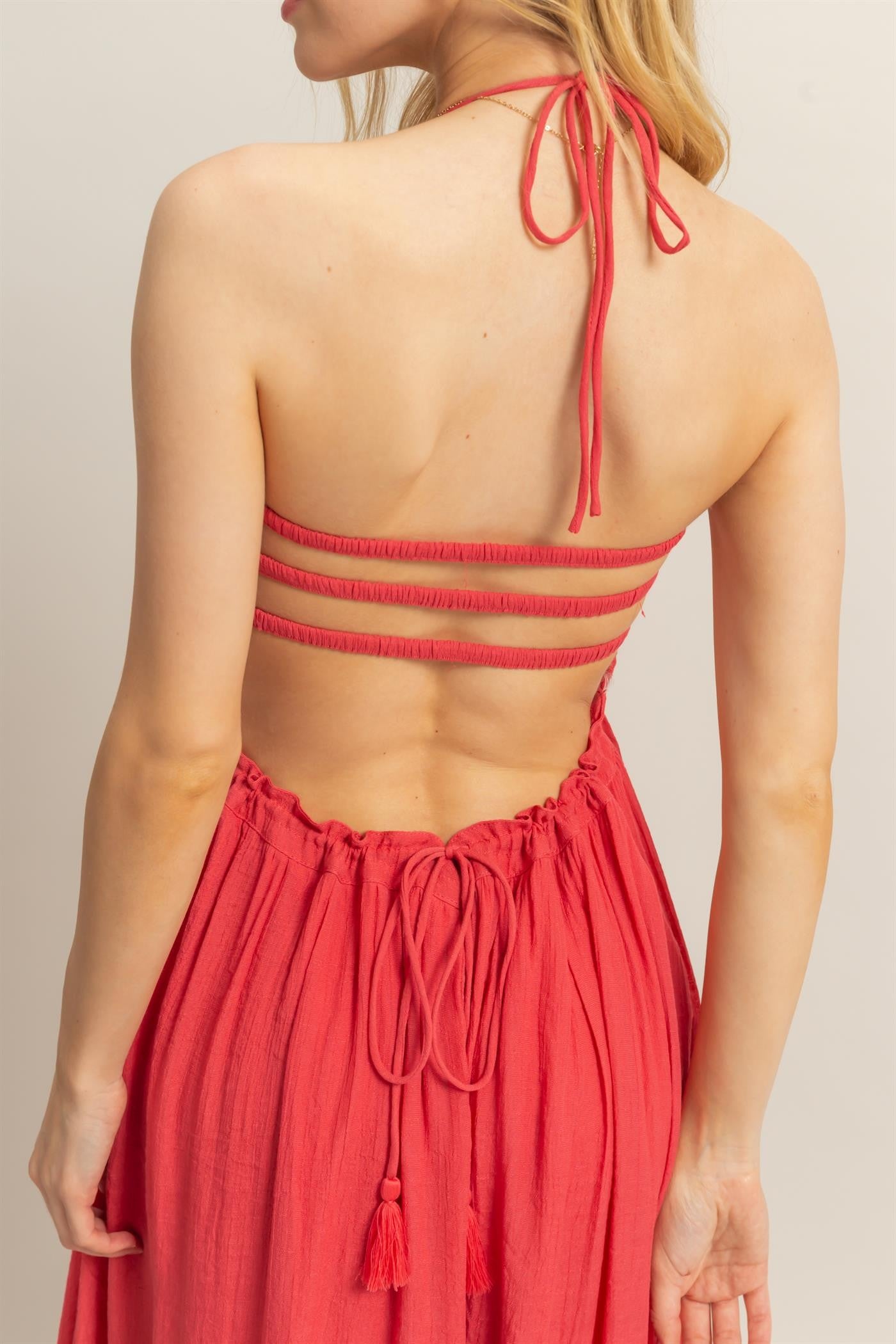 Coral Halter Neck Smocked Tiered Hem Maxi Dress