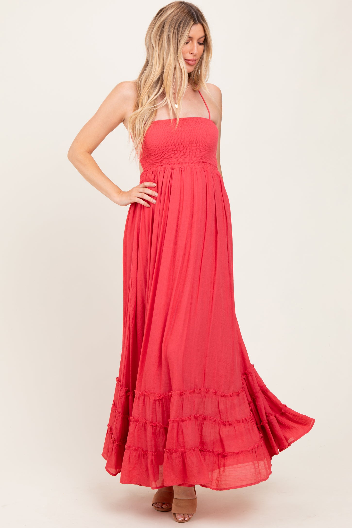 Coral Halter Neck Smocked Tiered Hem Maternity Maxi Dress