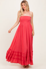 Coral Halter Neck Smocked Tiered Hem Maternity Maxi Dress