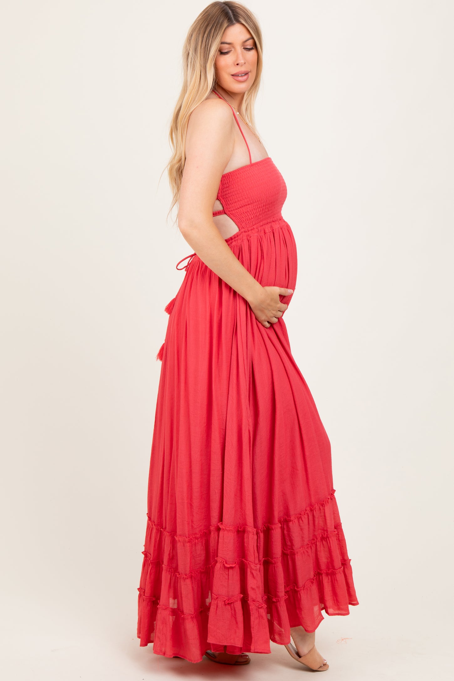 Coral Halter Neck Smocked Tiered Hem Maternity Maxi Dress