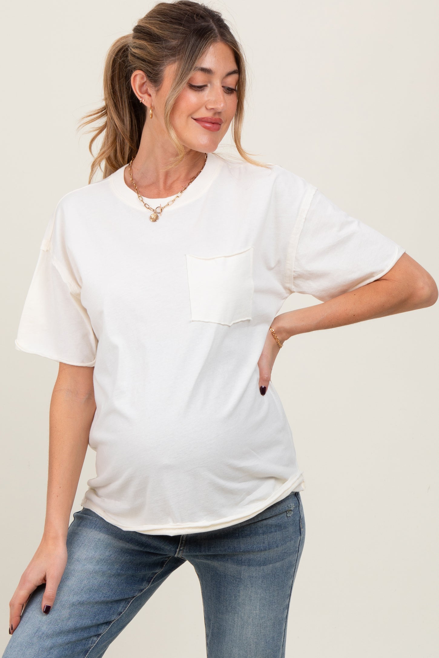 Ivory Short Sleeve Front Pocket Tunic Maternity Top