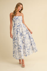 Blue Spaghetti Strap Printed A-Line Maternity Midi Dress