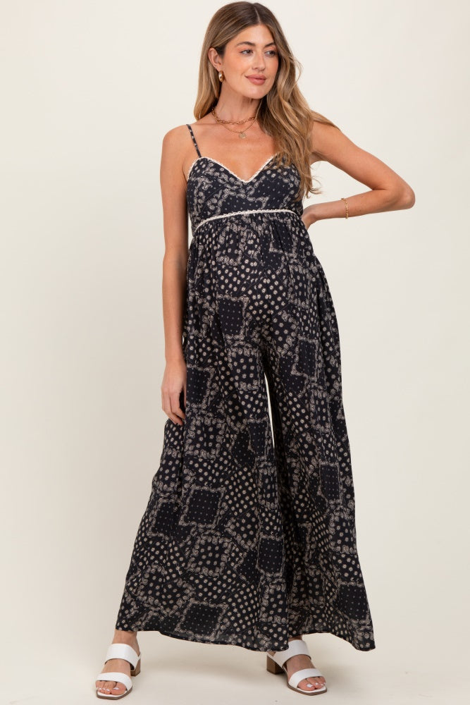Black Paisley Printed Wide Relaxed Fit Maternity Jumpsuit