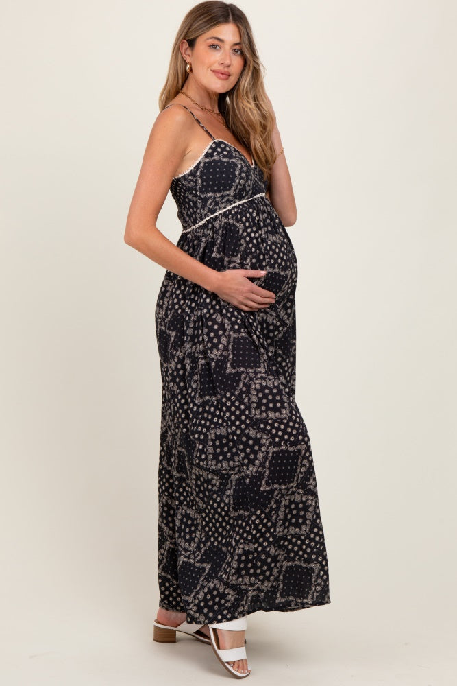 Black Paisley Printed Wide Relaxed Fit Maternity Jumpsuit