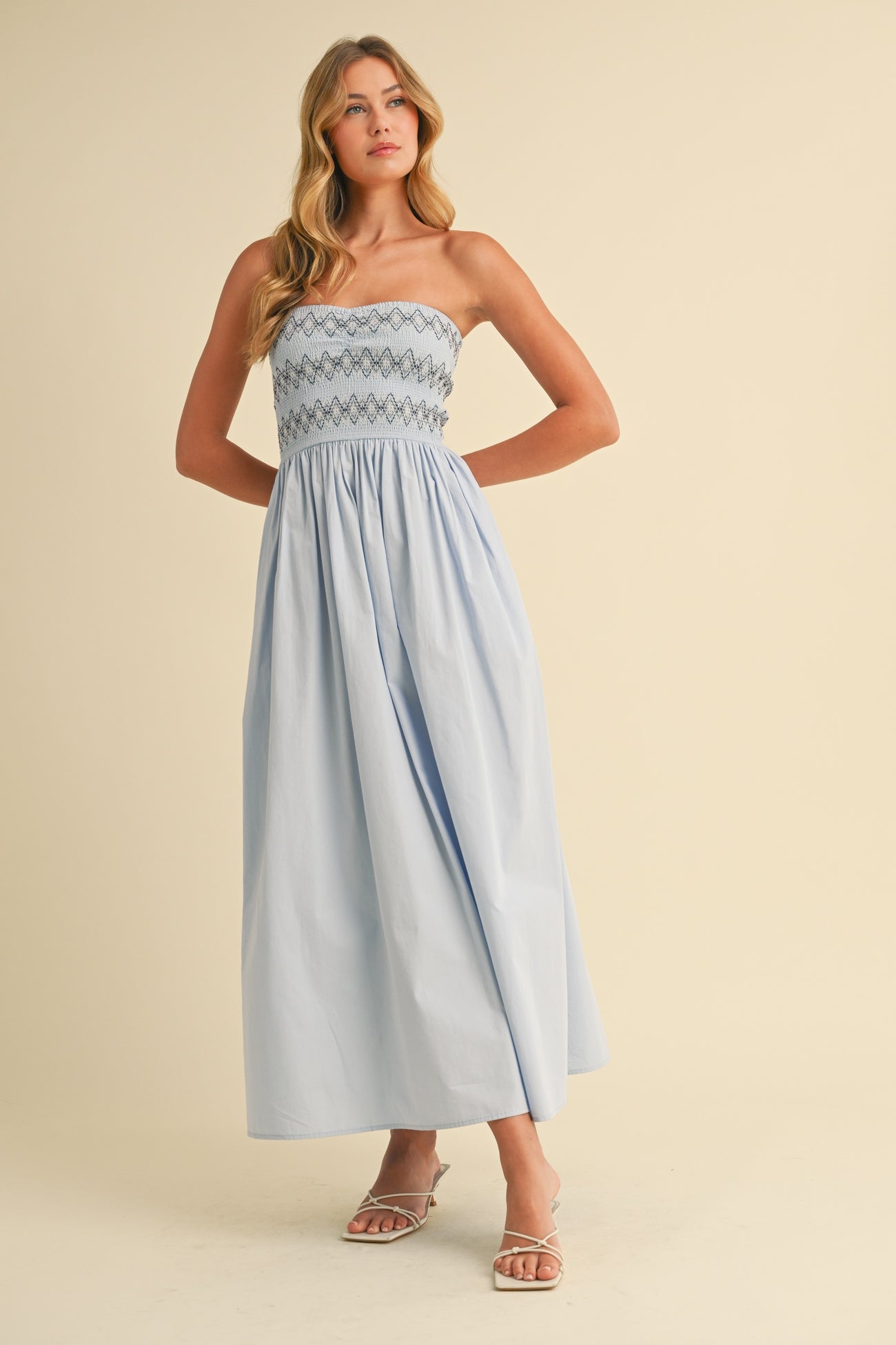Light Blue Embroidered Strapless Smocked Bodice Flared Maternity Midi Dress