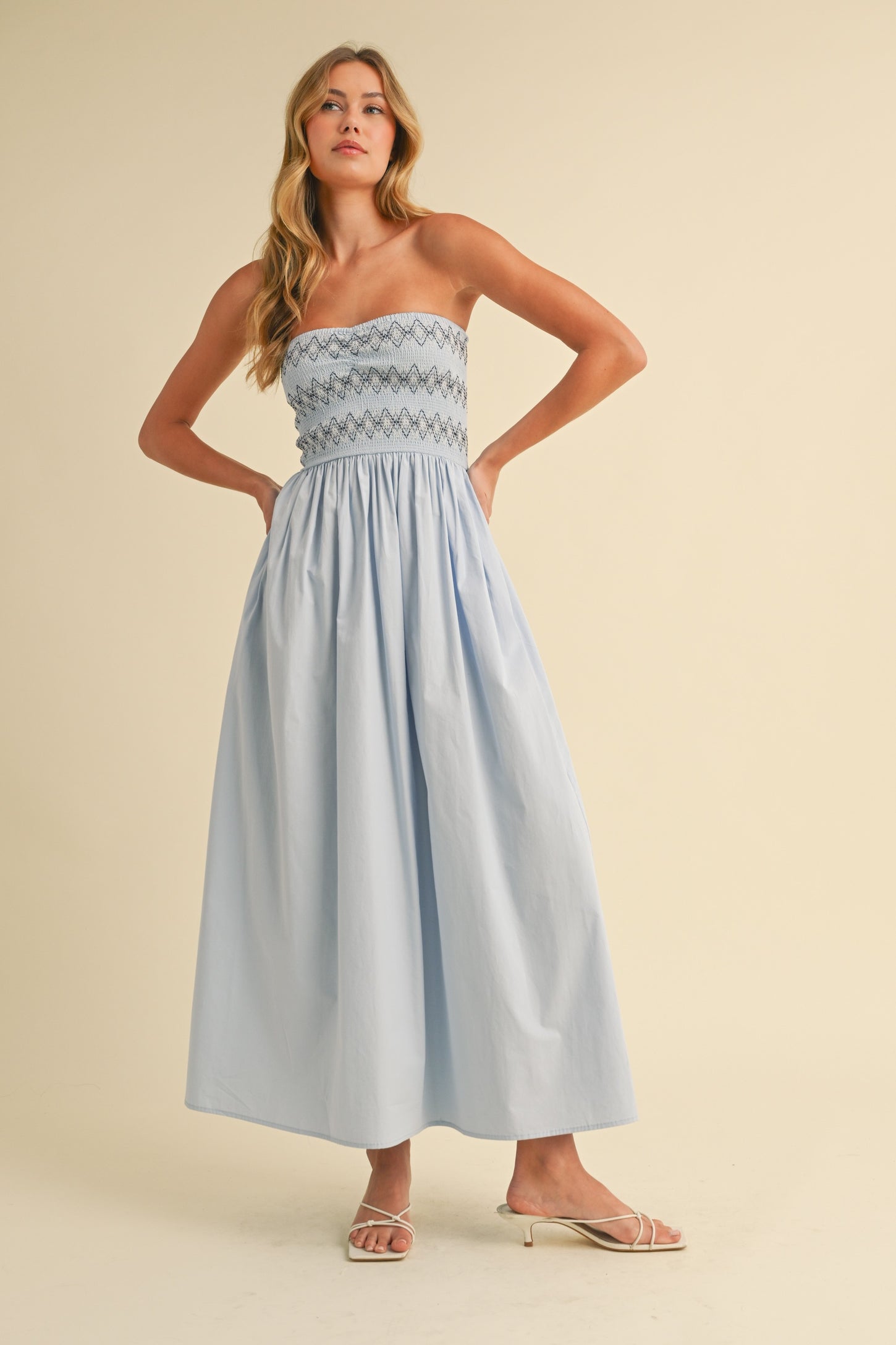 Light Blue Embroidered Strapless Smocked Bodice Flared Midi Dress