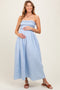 Light Blue Embroidered Strapless Smocked Bodice Flared Maternity Midi Dress