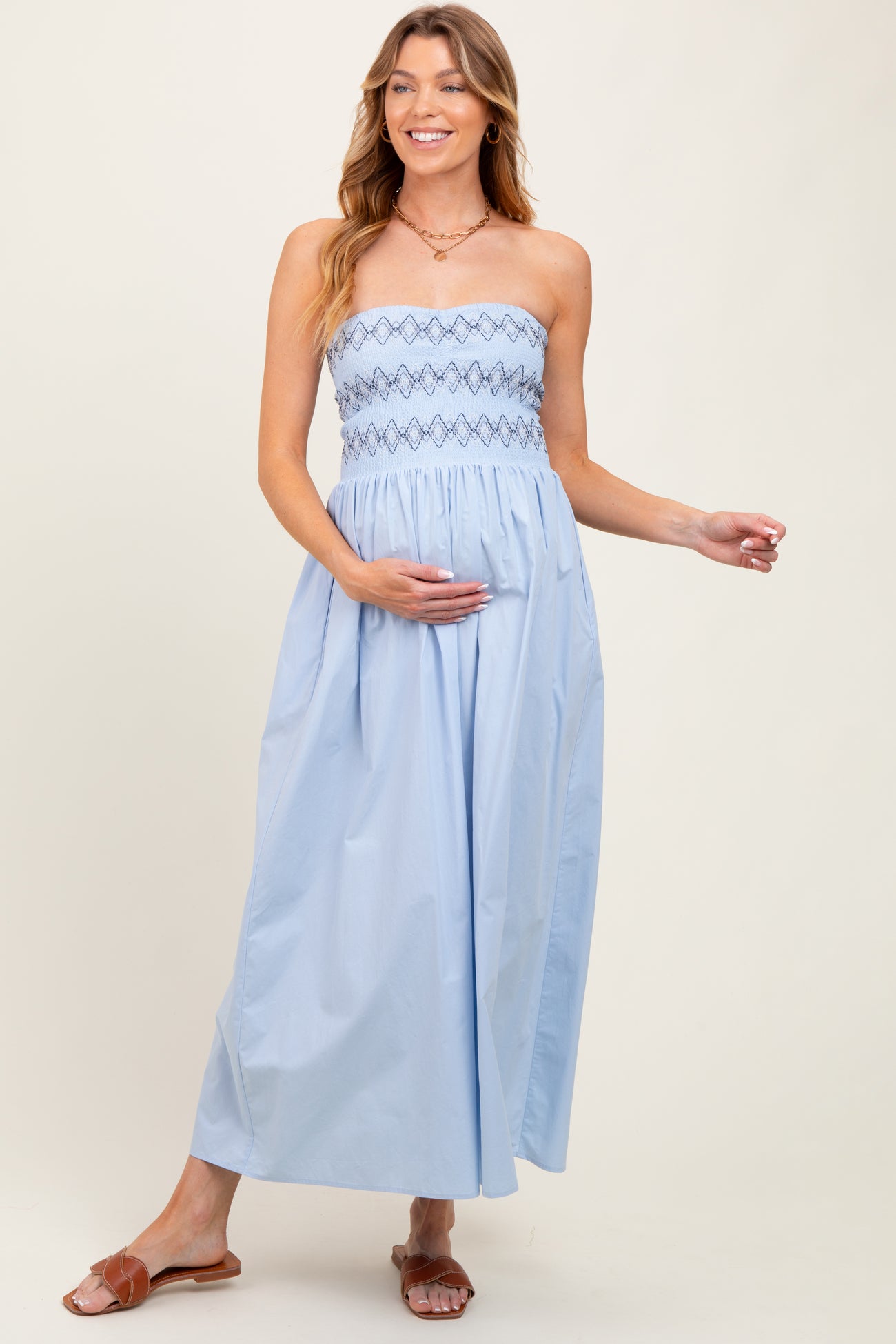 Light Blue Embroidered Strapless Smocked Bodice Flared Maternity Midi Dress