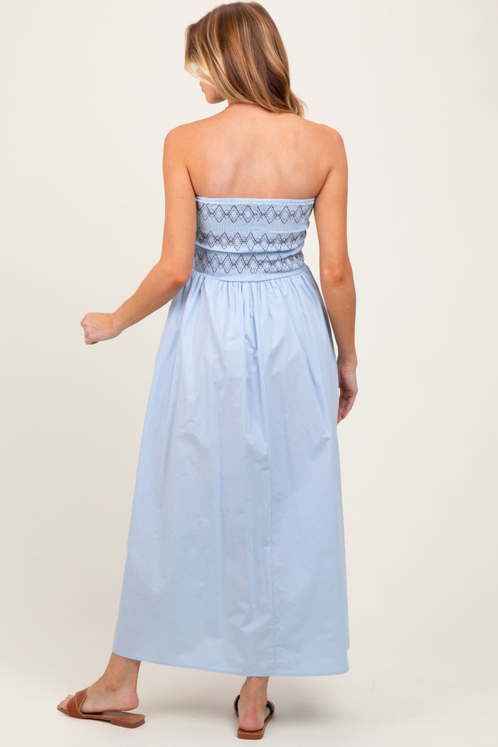 Light Blue Embroidered Strapless Smocked Bodice Flared Maternity Midi Dress