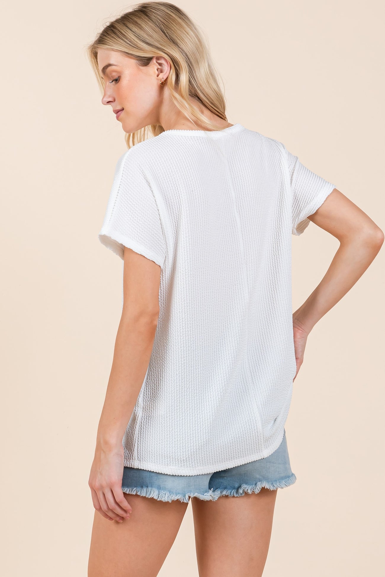 White Ribbed Notched Neckline Top