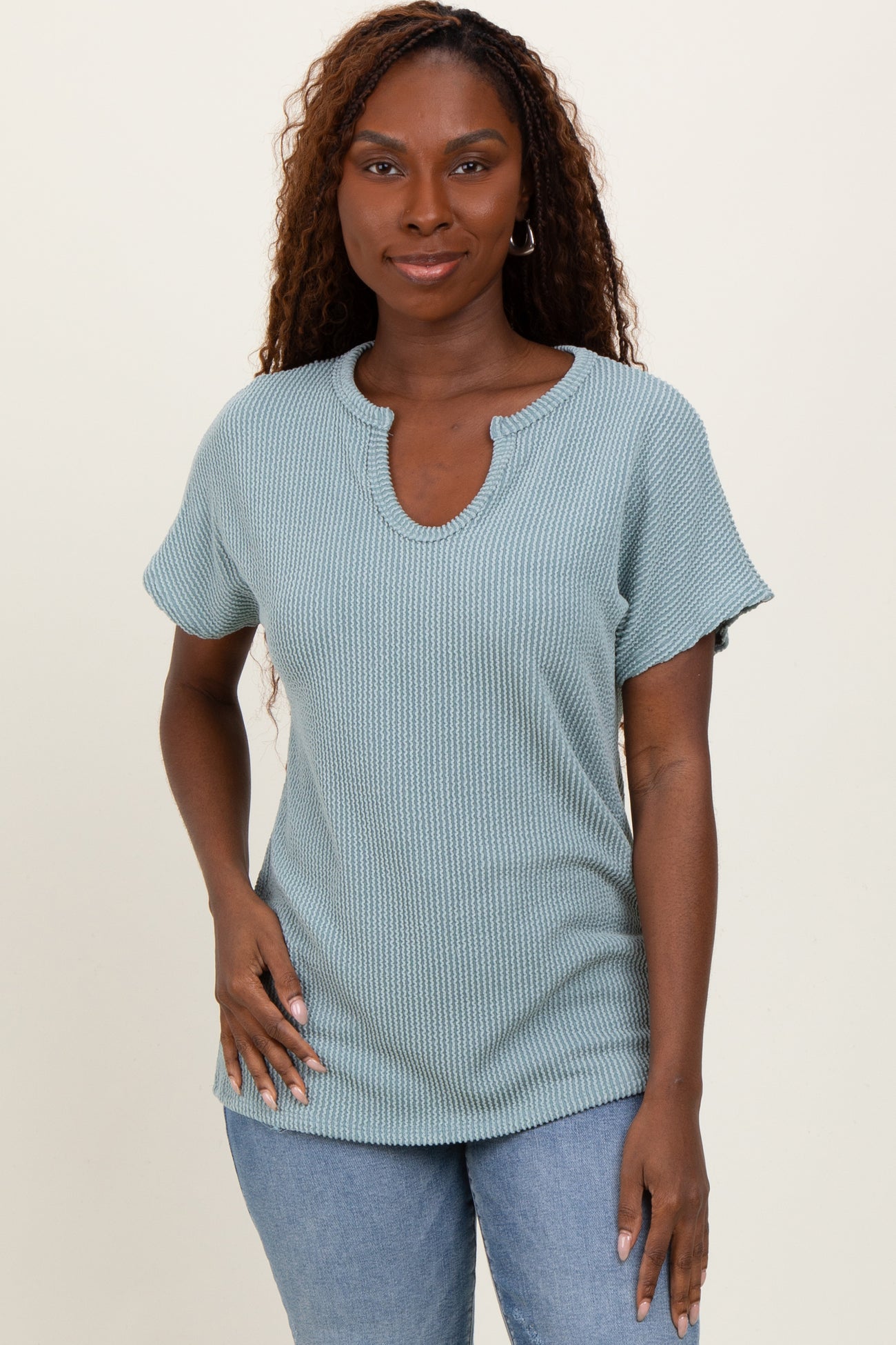 Mint Green Ribbed Notched Neckline Top