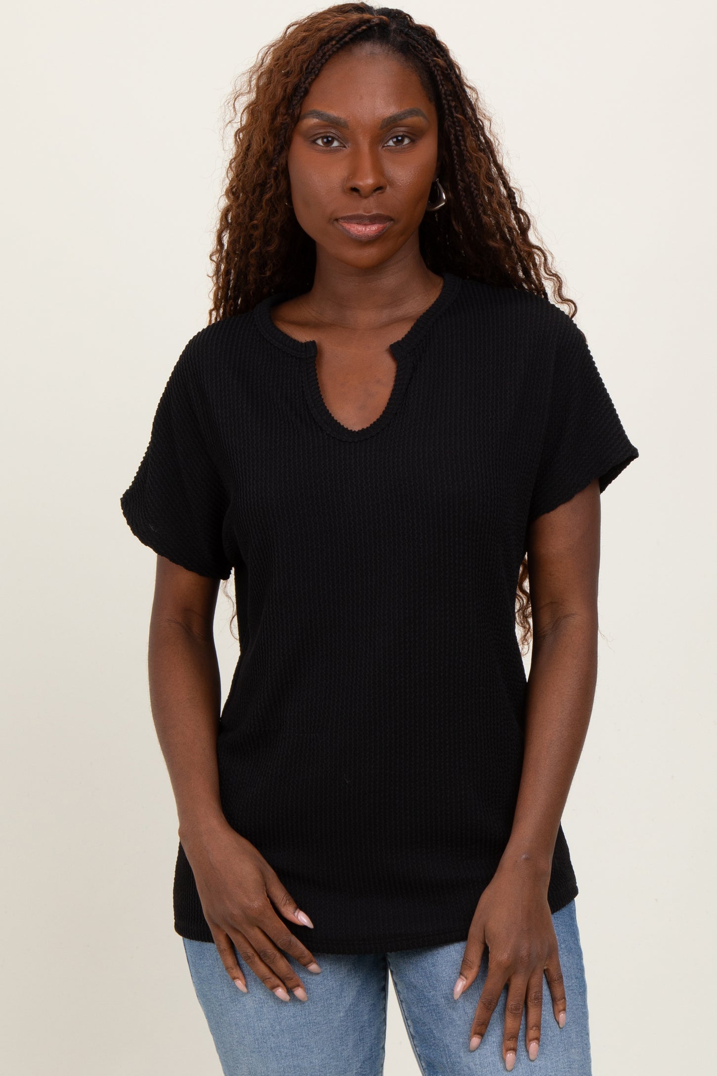 Black Ribbed Notched Neckline Top