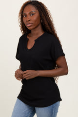 Black Ribbed Notched Neckline Top