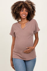 Mocha Ribbed Notched Neckline Maternity Top
