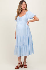 Light Blue Cinched Front Tie Puff Sleeve Maternity Midi Dress