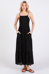 Black Smocked Bead Detail Strap Maternity Midi Dress