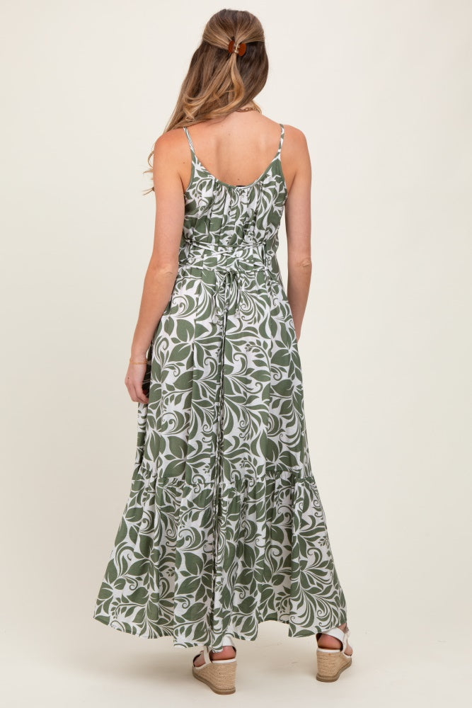 Olive Floral Waist Tie Maternity Maxi Dress
