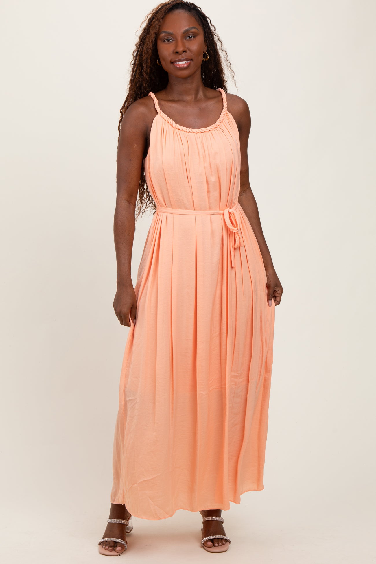 Peach Braided Neckline Maternity Maxi Dress
