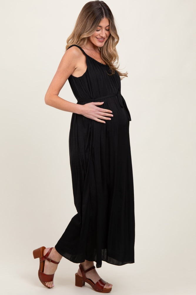 Black Braided Neckline Maternity Maxi Dress