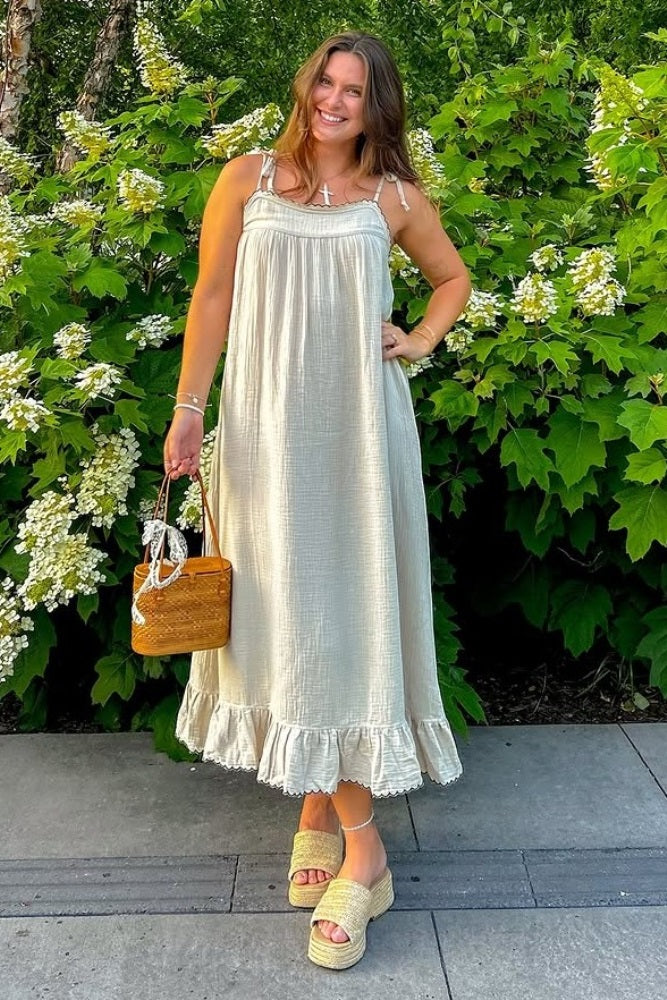 Beige Scallop Trim Shoulder Tie Maternity Maxi Dress