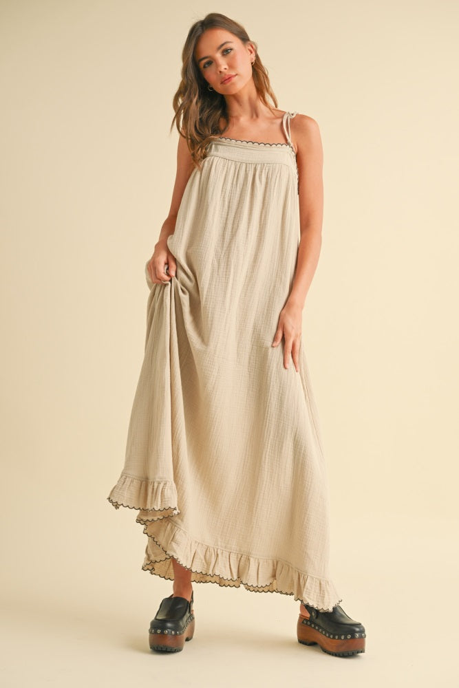 Beige Scallop Trim Shoulder Tie Maxi Dress