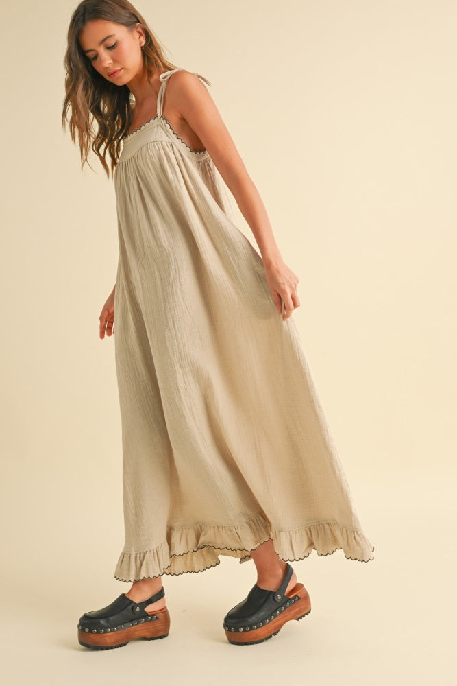 Beige Scallop Trim Shoulder Tie Maxi Dress