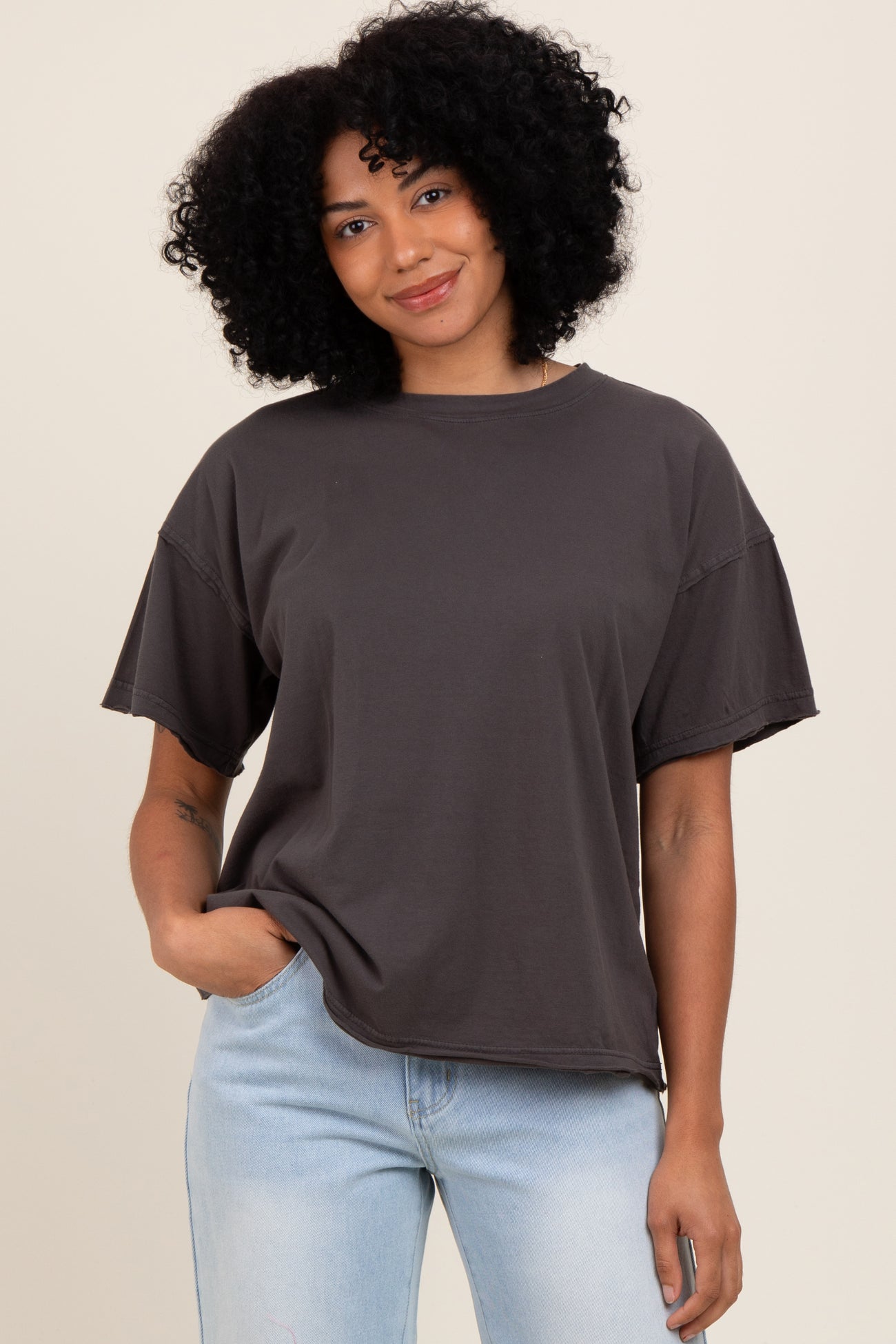 Black Boxy Raw Edge Maternity Short Sleeve Tee